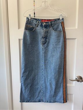 Vintage Revolt Jeans Light Blue Denim Midi Skirt with Orange & Black Side Stripe